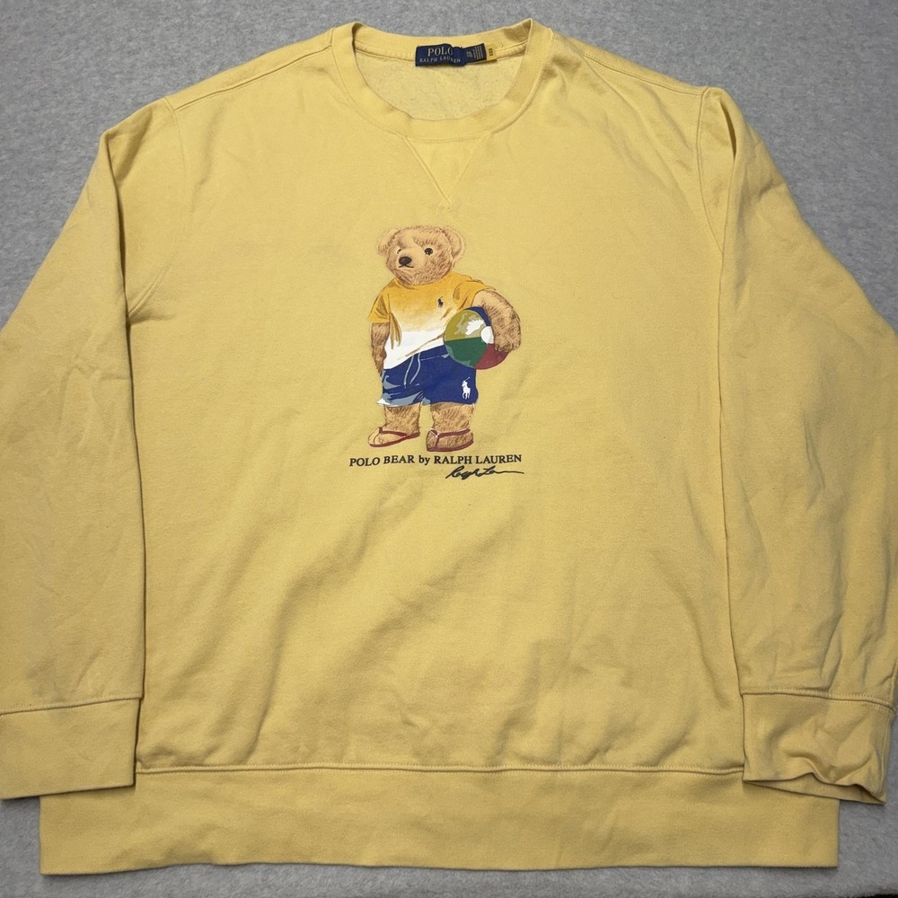 Polo Ralph Lauren Sweatshirt Mens 2XL Yellow Polo Bear Graphic Fleece Crewneck